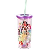 Silver Buffalo Disney Princess Featuring Moana, Rapunzel, Ariel, Tiana, Belle, and Cinderella Plastic Tall Cold Cup with Lid and Straw, 20 Ounces