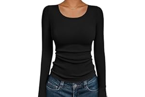 Ekouaer Womens Long Sleeve Shirts Stretch Scoop Neck Ribbed Tops Fitted Thermal Undershirt Soft Layering T-Shirts XS-XXL