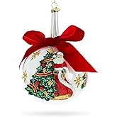Large Santa with Christmas Tree with Red Bow Glass Ball Christmas Ornament 7 Inches