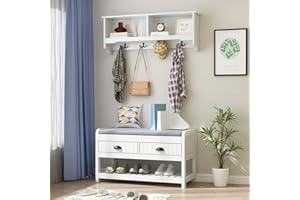 ECACAD Hall Tree with Separate Shoe Bench & Coat Rack Set, 3-in-1 Entryway Storage Bench with Drawers, Cushion & Shelves, Hall Tree with 4 Hooks for Hallway, White