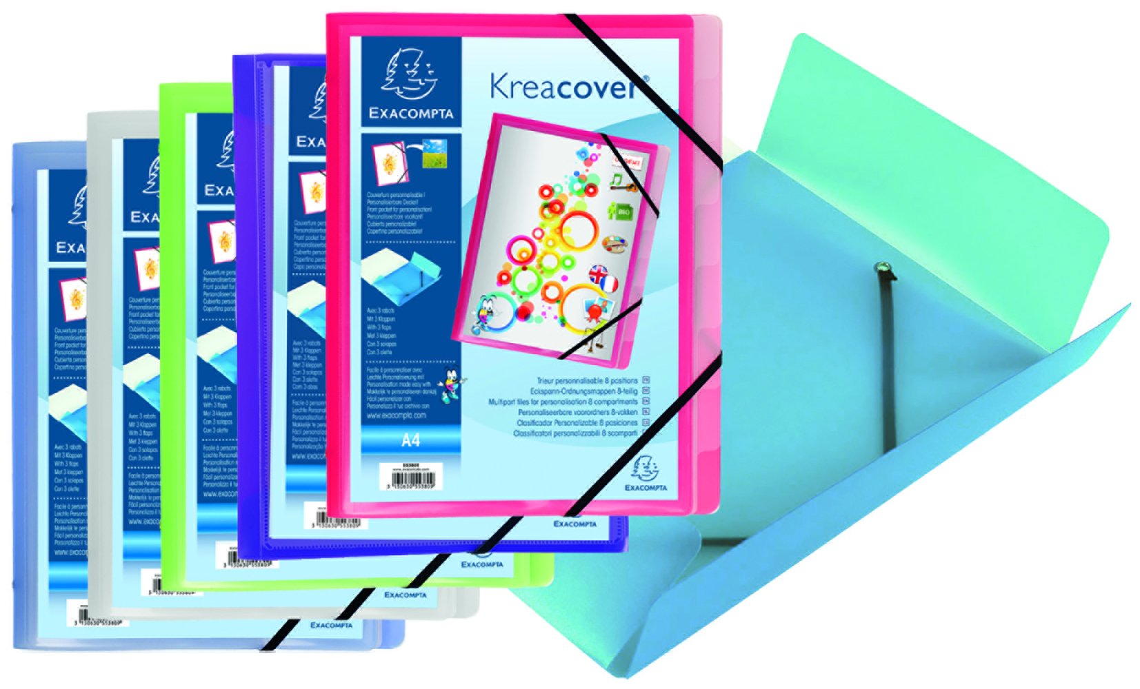 Exacompta - Ref 55380E - Kreacover Collection - Multipart File With Personalisable Front Pocket - 24 x 32cm, Suitable for A4 Documents , 8 Tabbed Sections - Assorted Colours