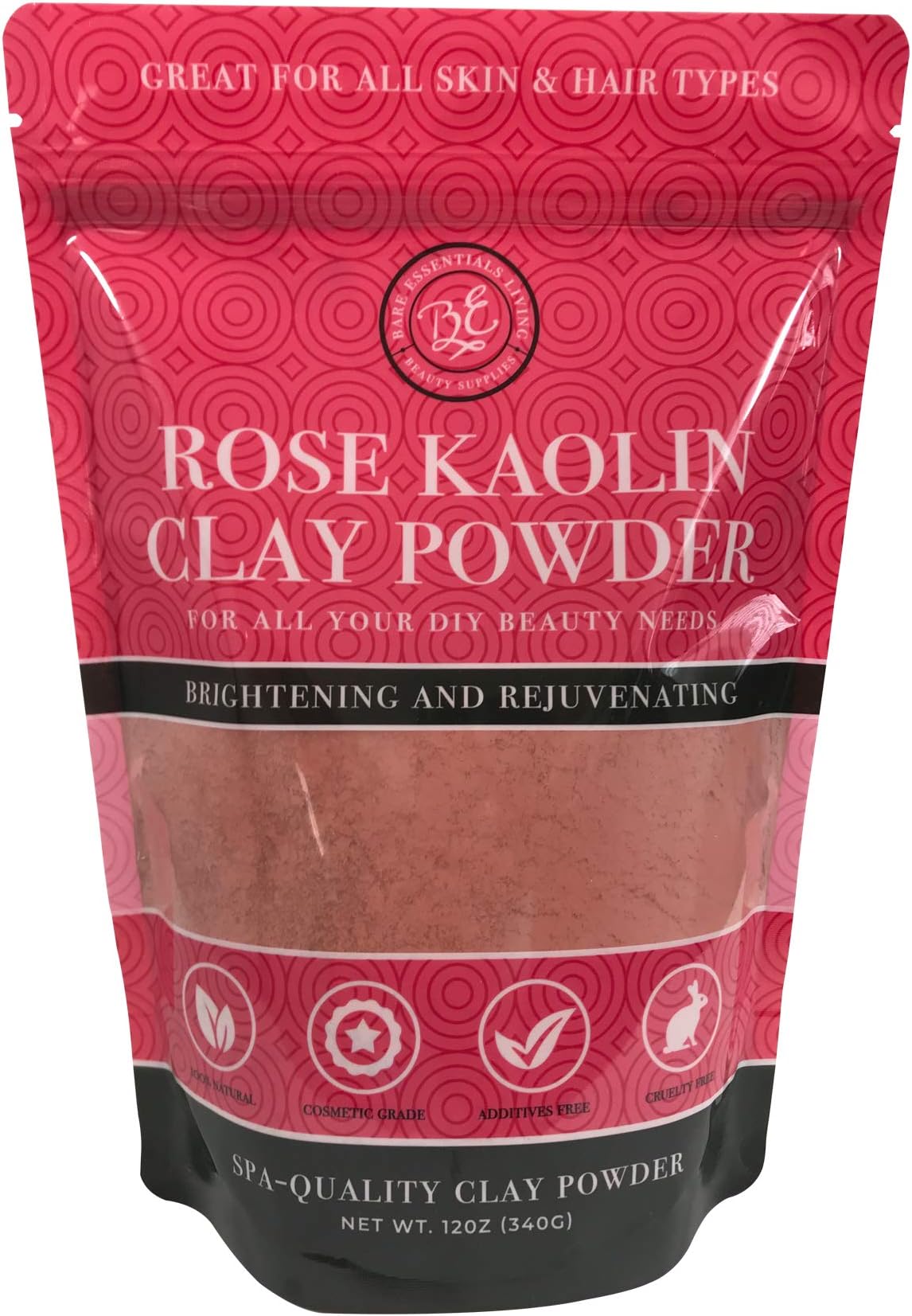 Pink Clay Powder 12 oz, Pure Rose Kaolin Clay Powder for Face Masks or for Colorant DIY Beauty Products for Face, Hair, Body, Soap, Bath Bombs, Makeup, Lotion and Deodorant by Bare Essentials Living