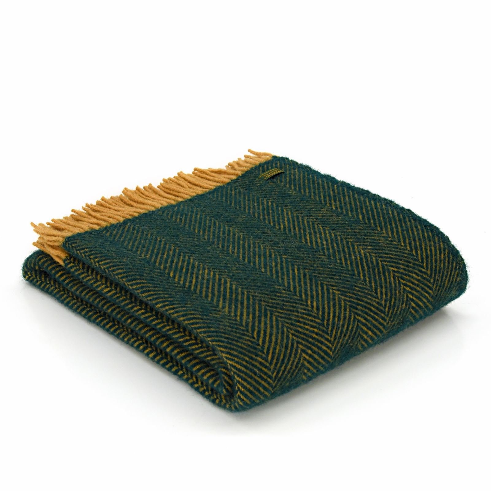 Tweedmill Textiles Herringbone pure new wool blanket throw rug - Emerald Green/Mustard Yellow BRITISH MADE