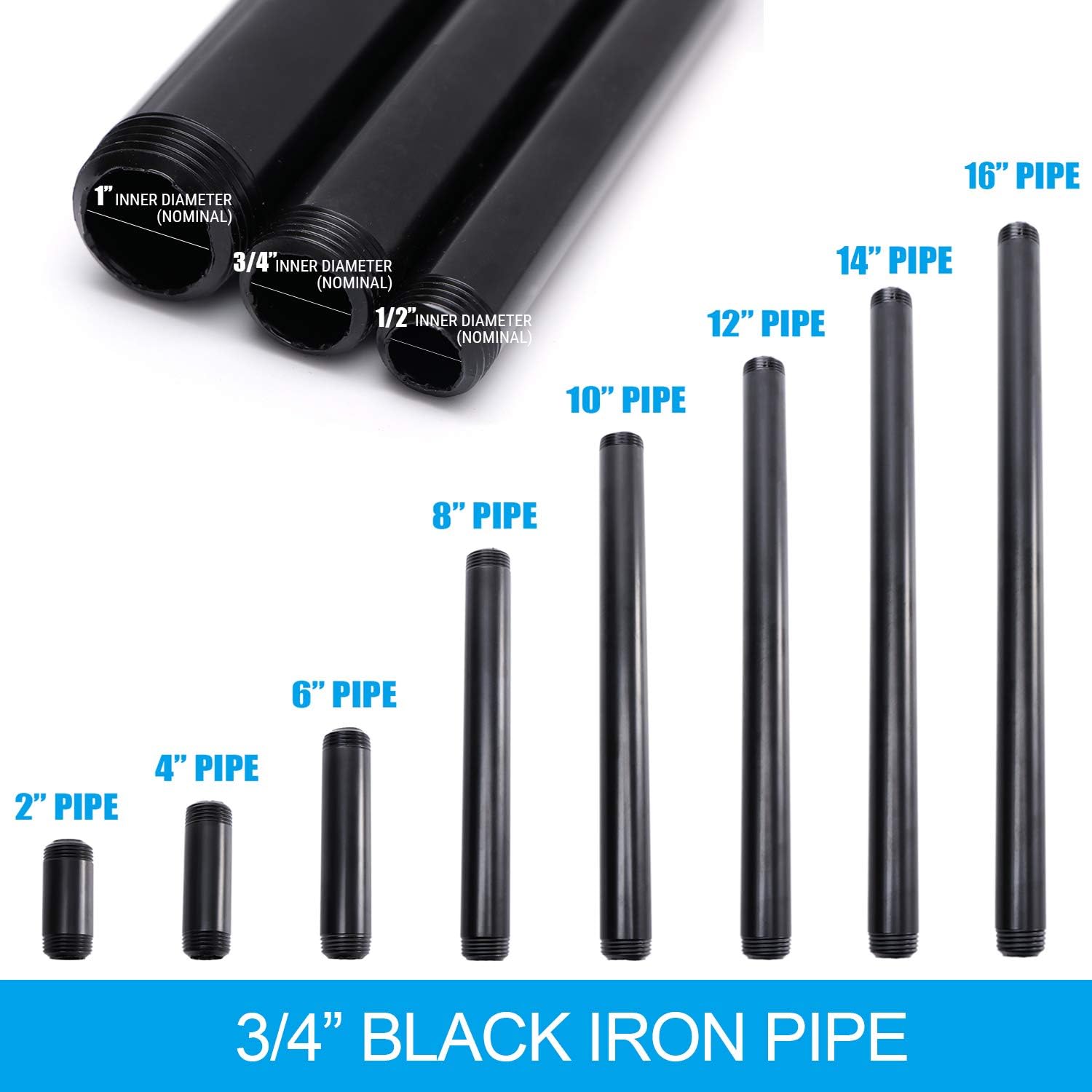 3/4" x 2" Black Painted Iron Pipe, Home TZH 10 Pack Threaded Black Paint Finish Metal Pipe Nipple for DIY Project/Furniture/Shelving Decoration(10, 2") - - 