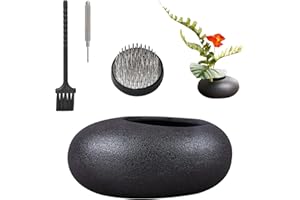 WANDIC Ikebana Flower Arrangement Vase Kit, Black Pebble Ceramic Planter Pot with 4cm Kenzan Flower Frog Pottery Floral Arranging Pin Needle Holder for Floral Art Desk Office Decoration