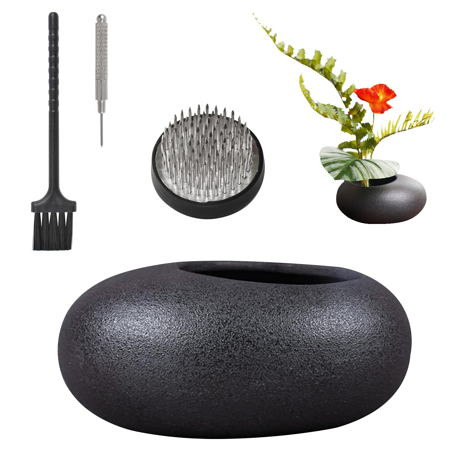 WANDIC Flower Arrangement Kit, Black Pebble Ceramic Planter Pot With 4cm Kenzan Flower Frog Pottery Floral Arranging Pin Needle Holder For Home Decor