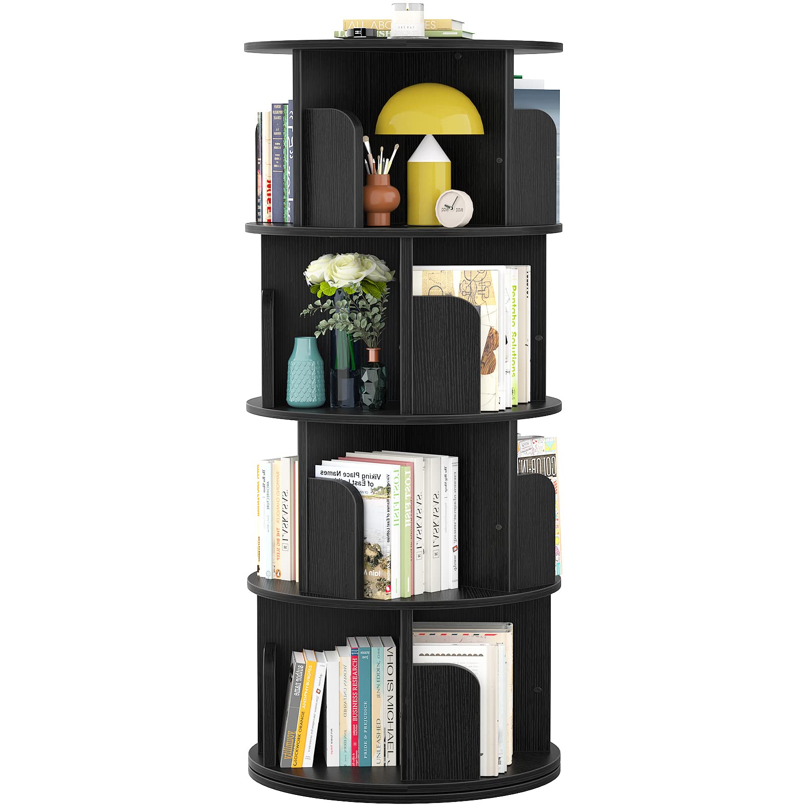 Aheaplus Rotating Bookshelf, 360 Revolving Bookshelf Tower for Small Space, 4 Tier Floor Standing Bookcase Storage Rack, Wood Narrow Book Shelf Organizer for Bedroom, Living Room, Study Room, Black Image