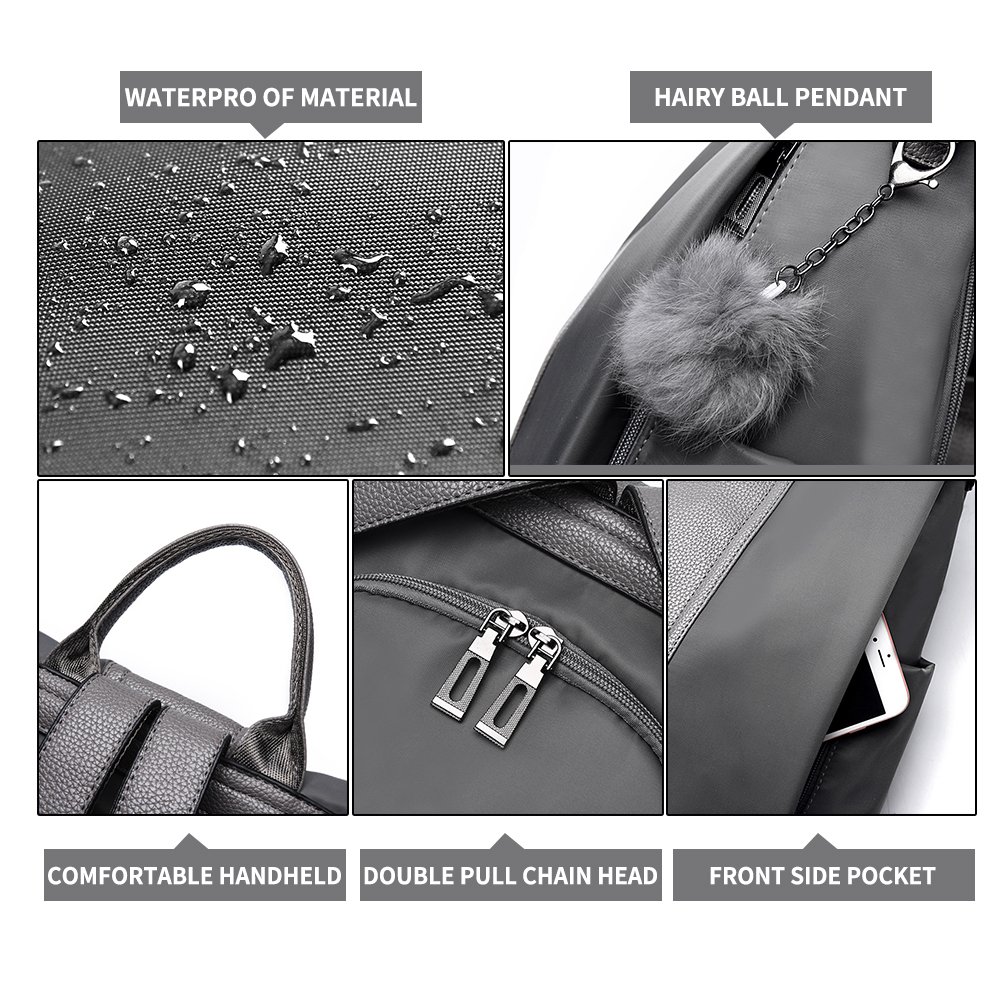 Women Backpack Purse Waterproof Nylon Anti-theft Rucksack Lightweight Shoulder Bag (Gray)