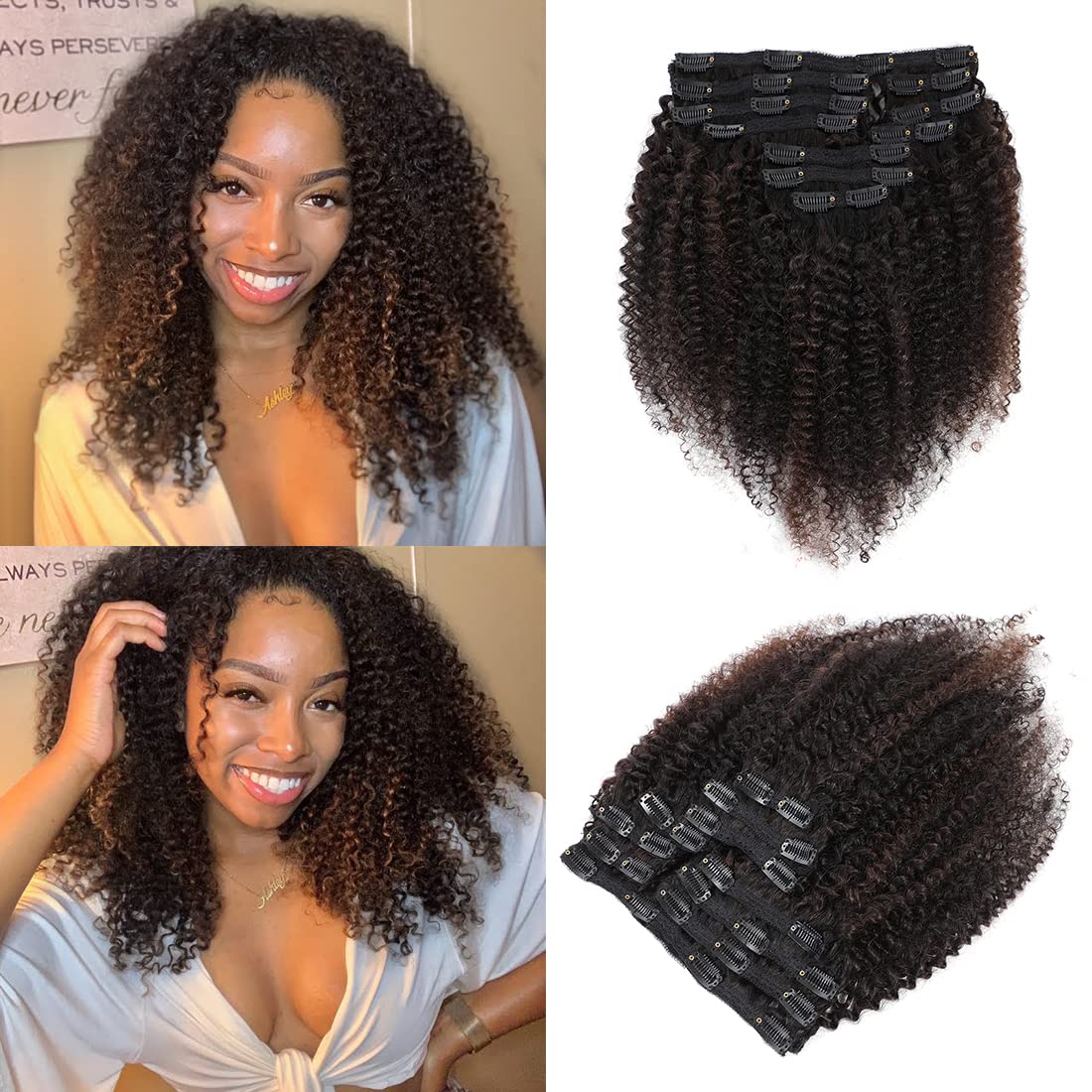 Photo 1 of ***MISSING PIECES*** Urbeauty Highlight Brown Clip in Hair Extensions Real Human Hair 1B/4 Natural Balck Color Mix Medium Brow Color 3c Kinky Curly Clip in Hair Extensions for Black Women and White Women