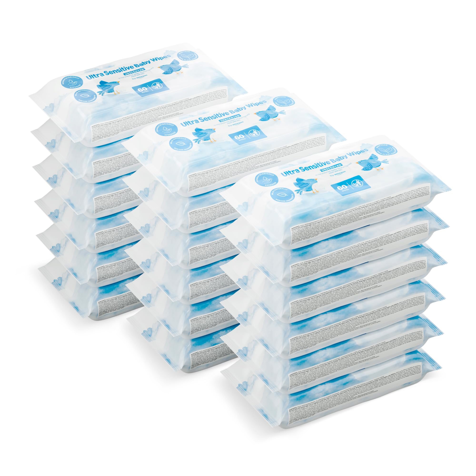 by Amazon Ultra Sensitive Babyfeuchttücher 1080 Tücher, unparfümiert, 18 Packungen à 60 Stück