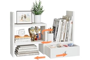NUTIKAS Desk Organizer Shelf White - Desk Shelf for Top of Desk Desktop Bookshelf for Desk Shelves with Drawers Corner Table Top Shelving Small Hutch Decorations for Women Office