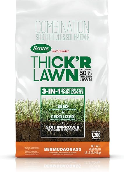 Amazon Com Scotts Turf Builder Thick R Lawn Bermudagrass Covers 1 200 Sq Ft Combination Seed Fertilizer And Soil Improver Fill And Repair Gaps In Thin Lawns And Enhance Root Development 12
