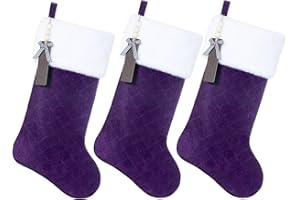 Shgngle Purple Velvet Quilted Personalized Christmas Stocking,19.5 Inch Fireplace Hanging Stockings with Blank Wooden Tags DIY Name,Family Holiday Decorations and Xmas Gift(Purple 3Pcs)