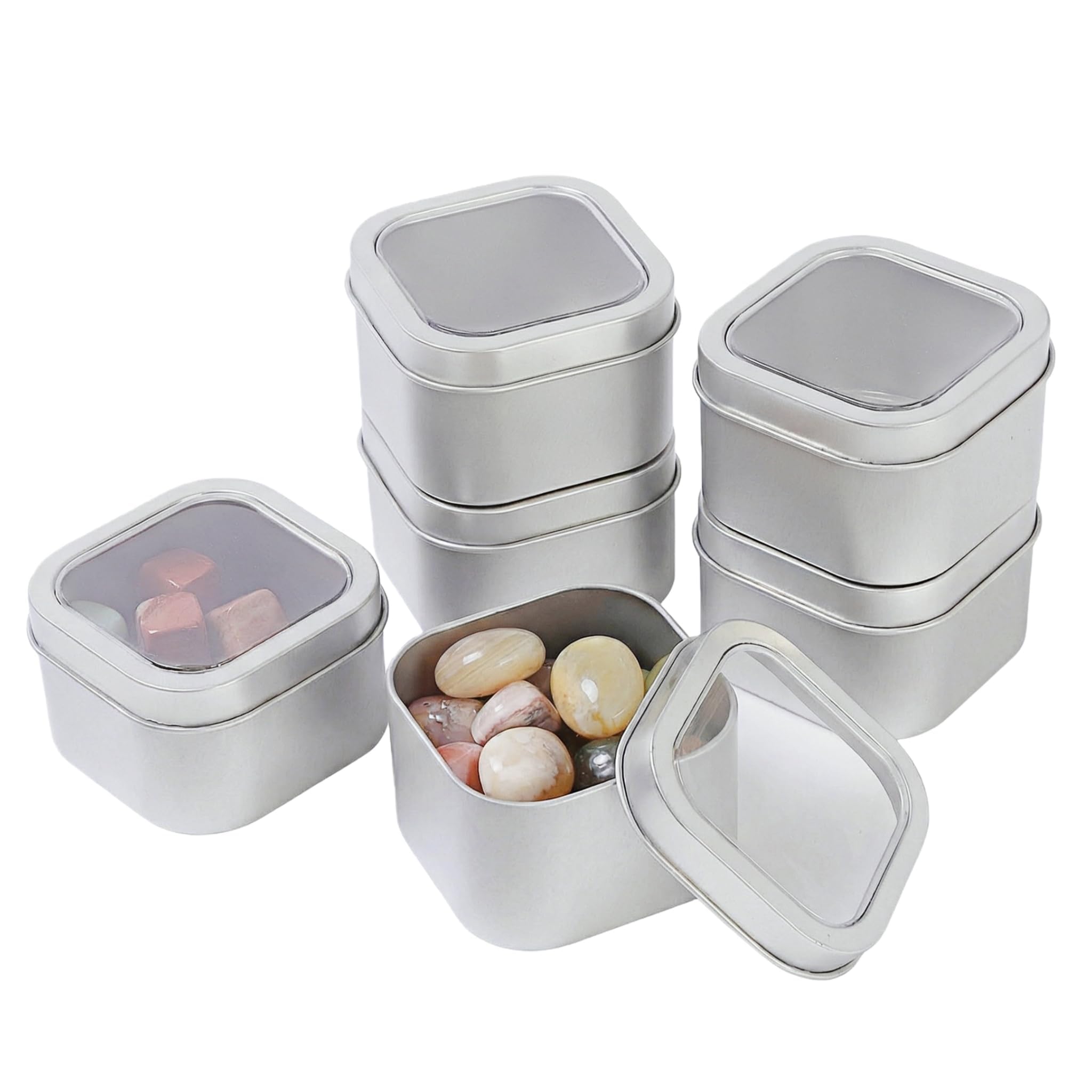 LJY 6 Pack Silver Square Metal Tins with Clear Window 7.5 x 7.5 x 4.8 cm - 8oz Candle Tins for Candle Making, Storage Tins with Lids for Lip Balm, Crafts and Travel Pots Organiser