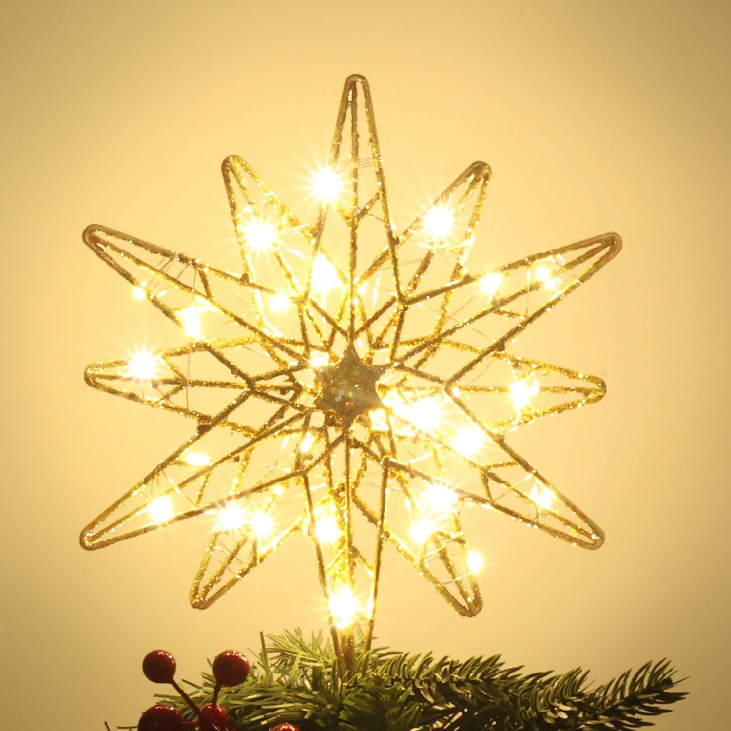 Tree Toppers - YEAHOME Christmas Tree Topper, Lighted Hollow 12-Point Star Tree Topper, Wire Star for Christmas Treetop with 30 LED Lights Xmas Tree Topper for Christmas Tree Ornament Decoration, Gold Glittered