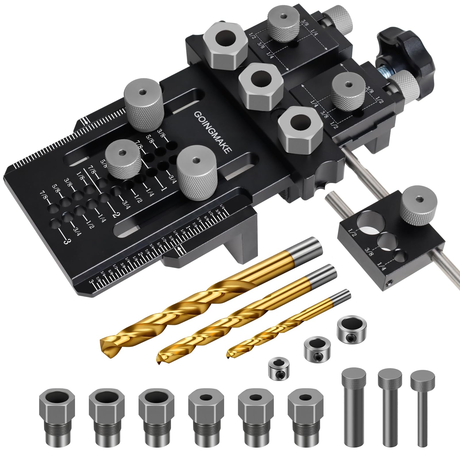 Photo 1 of GOINGMAKE Dowel Jig Kit with Quick Positive Stop and Clamp, Adjustable Doweling Jig for Drill 1/4, 3/8 and 1/2 Inch Accurate Straight Dowel Holes, Fit Any Thickness Wood Joints, for Cabinet, Furniture