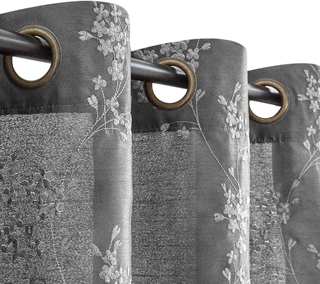 jinchan cortinas de seda sintetica bordadas con bordado floral para dormitorio cortina para sala de estar 2 paneles 84 pulgadas gris