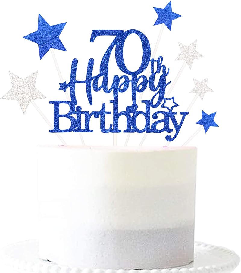 Pargleev Glittery 70th Cake Topper with Star Royal Blue Birthday Party Supplies