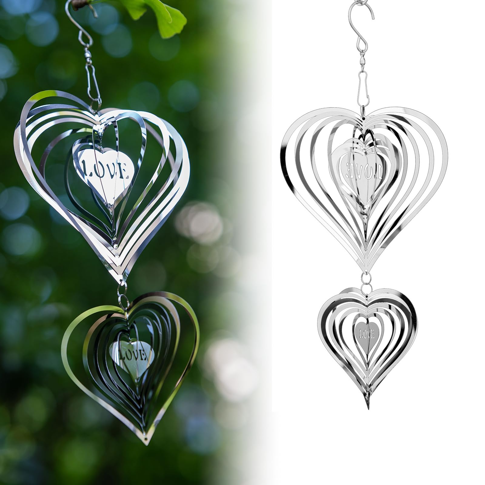 Stainless Steel Wind Spinner,3D Silver Indoor Outdoor Garden Decoration Crafts Ornaments,Metal Wind Chimes for Outside Decor,Decorations to scare away yard birds (1 large and 1 small)