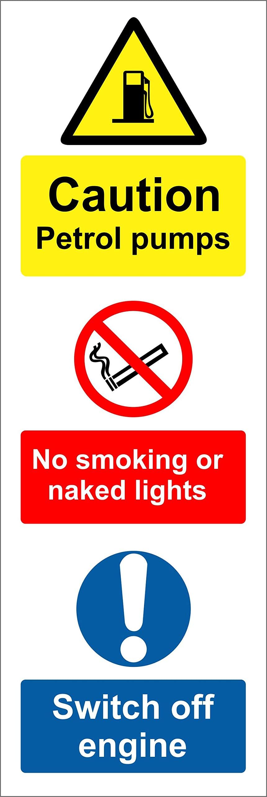 INDIGOS UG - Sticker - Safety - Warning - Caution petrol pumps. No smoking or naked lights. Switch off engine sign - Self adhesive sticker 300mm x 100mm - Decal for Office - Company - School - Hotel