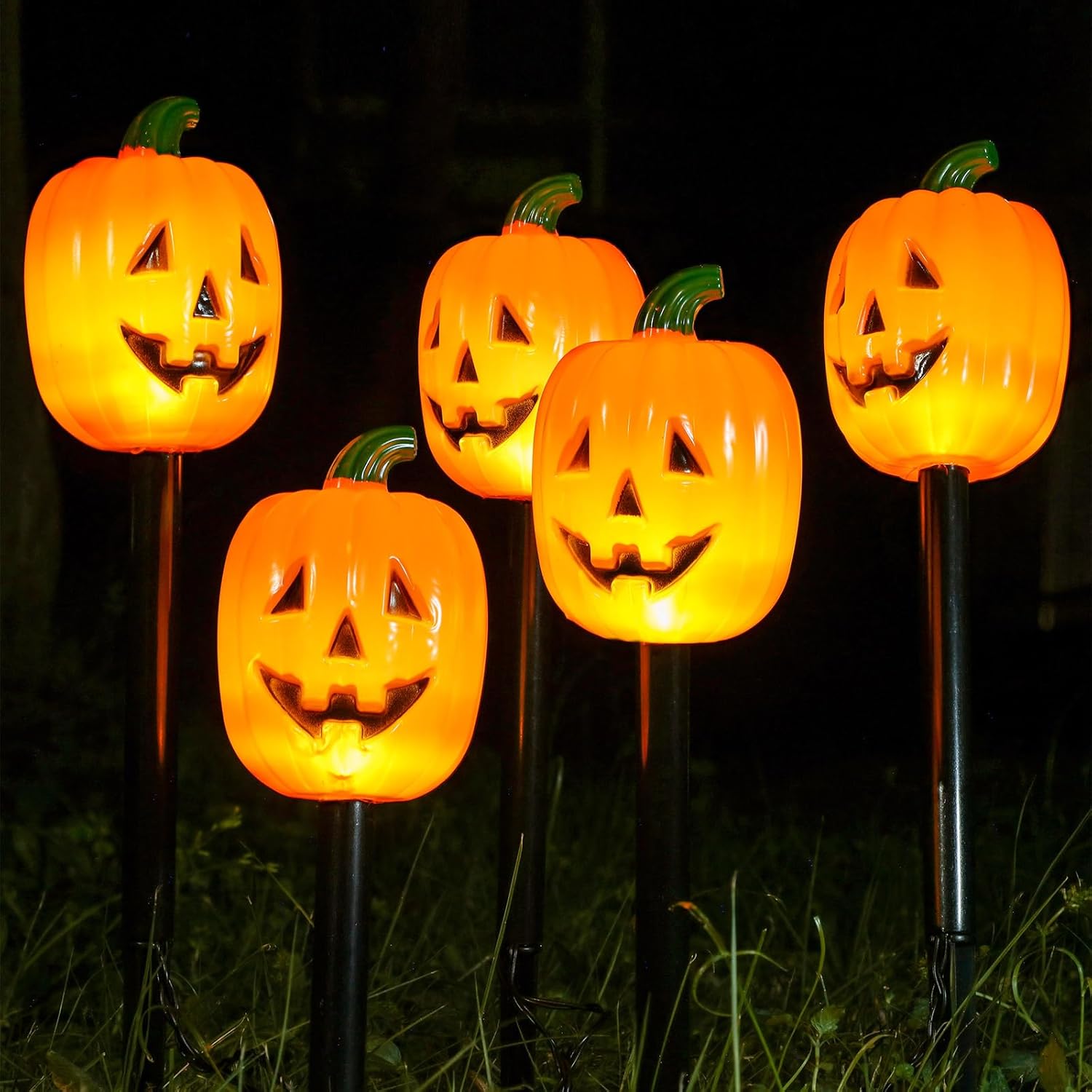 Decorative Garden Stakes - VIHOSE Halloween Outdoor Decorations Halloween Stake Light Solar Skeleton Waterproof Powered Light up Yard Stake Candle Ghosts Pumpkin Pathway Stake String Light for Garden(1 Set, Pumpkin)