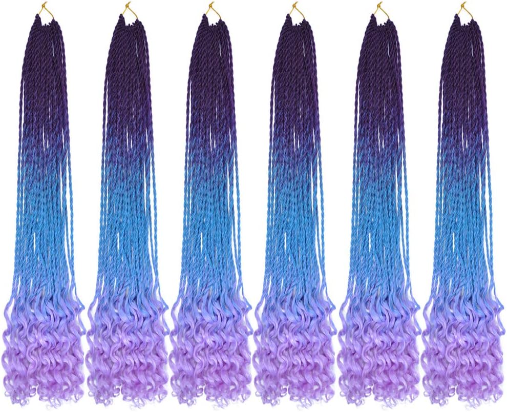 Mychanson Senegalese Twist Crochet Braiding Hair 6Pack 30Roots/Pcak Box Braids with Curly Ends Hair Extensions Synthetic High Temperature Fiber Box Braids 20Inch 100g (Purple-Lake Blue-Light Purple)