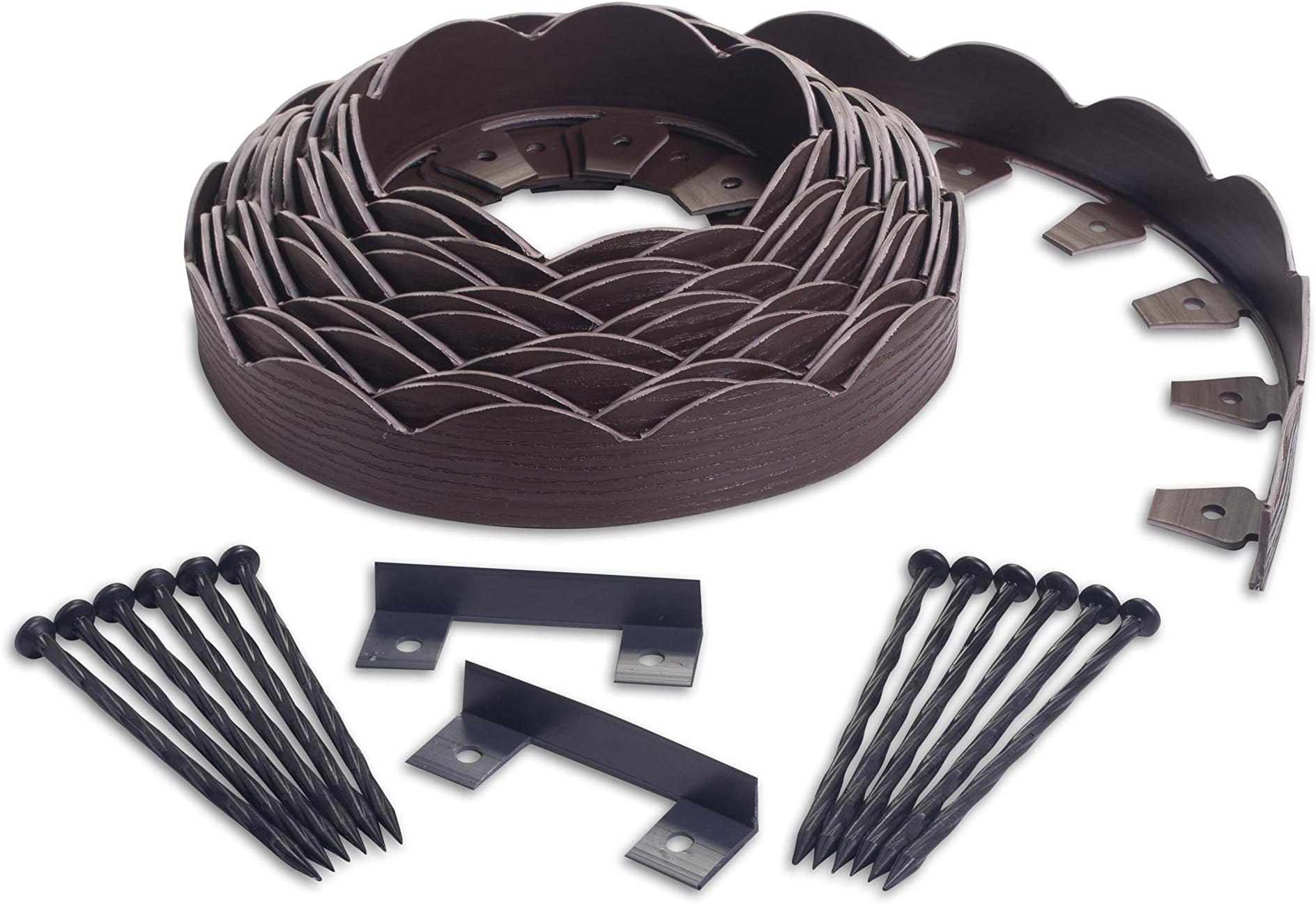 EasyFlex Decorative No-Dig Landscape Edging with Anchoring Spikes, 2.5 in. Tall Scalloped Top Garden Border with Woodgrain Texture, 40 Foot Kit, Brown (3210BRE-40C)
