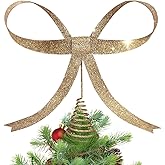 HUTHDAK Large Glitter Champagne Gold Bow Christmas Tree Topper,9.4 Inch Metal Tree Topper,Champagne Gold Bow Christmas Decorations for Xmas Home Decor Holiday Party Indoor Outdoor Shop Office