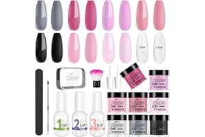 Cooserry 17Pcs Dipping Powder Nail Kit, 8 Colors Gary Black Pink Dip Nails Powder Starter Set with Top&Base Coat Activator System Essential Kit with Gift Packages for French Nail Art Manicure Salon