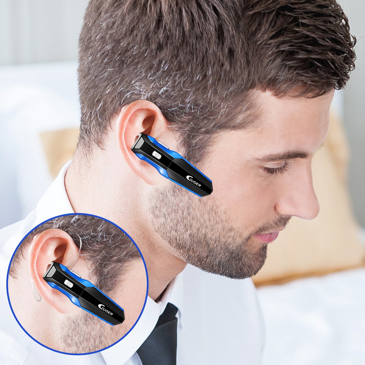 GUOER Bluetooth Headset with Backup Battery Noise Cancellation Wireless Bluetooth Earpiece With Microphone Driving Hands-free In-Ear Headphones Earbuds with an Extra Backup Battery (Black/Bule)