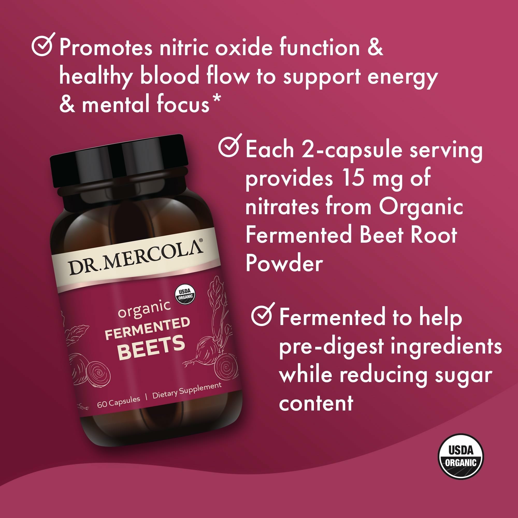 Dr. Mercola Organic Fermented Beets - Nitric Oxide Support - USDA Organic, Non-GMO, Gluten-Free & Soy-Free - 60 Capsules