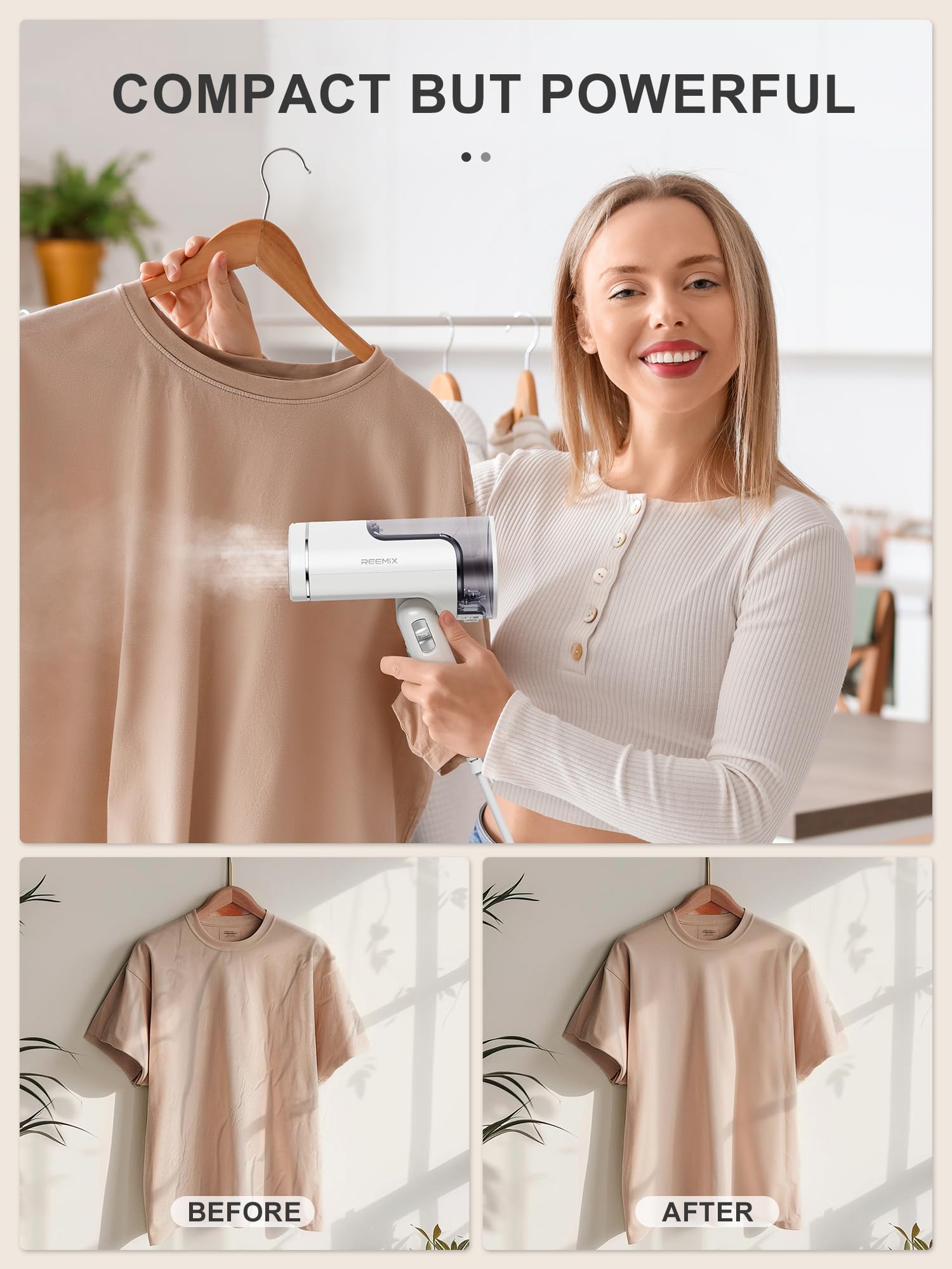 Reemix Portable Garment Steamer, Foldable Handheld 1300W, Travel Size Fast Heat-up, Fabric Steamer for Home & Travel, 120V Only (White)