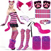 Arrowbash 8 Pcs Halloween Cat Costume Set for Women Cat Costume Accessories Pink Purple Striped Ears Tail Cosplay Halloween Outfit