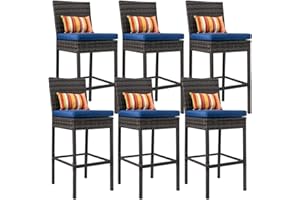 Sundale Outdoor Bar Stools Set of 6, 6 Pieces Woven Wicker Barstools, Patio Bar Chairs with Pillow & Navy Blue Cushion, All-Weather Counter Height Furniture for Outside - Steel, Charcoal