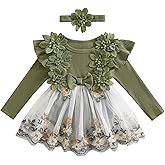 Douhoow Baby Girl Romper Dress Embroidery Lace Flowers Baby Dress Romper Fall Winter Festival Clothes with Headband