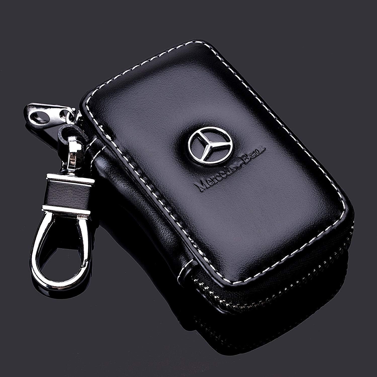 Black Key Chain Bag Leather Ring Holder Case Car Auto Coin Universal Remote Smart Key Cover Fob Alarm Security Zipper Keychain Wallet Bag (Mercedes-Benz)