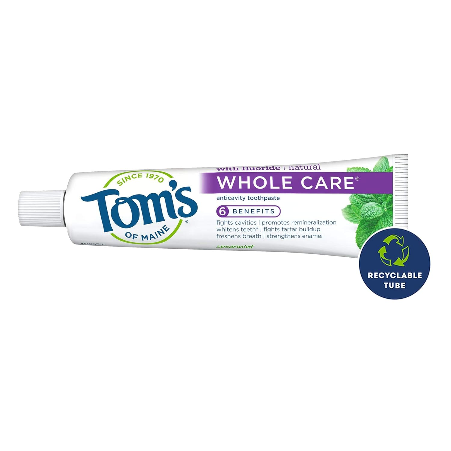 Tom's of Maine Whole Care Toothpaste, Toms Toothpaste, Natural Toothpaste, Spearmint, 4.0 Ounce, 3-Pack : Beauty