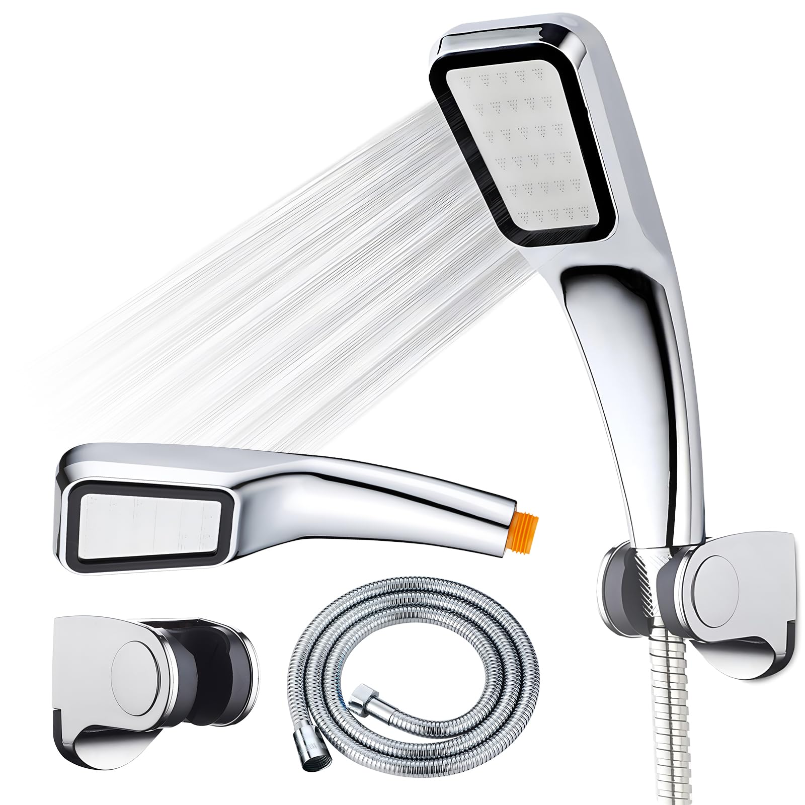 Hand Shower Set, Shower Head with Hose and Bracket, 300 Small Holes Pressure Water Booster, Bracket 37 Degrees Adjustable, 1.5m Shower Hose - for Bath and Shower