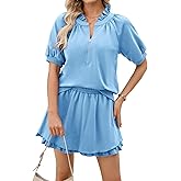 SHEWIN Two Piece Sets for Women Half Zip Up Puff Short Sleeve Tops and Ruffled Shorts Lounge Set Womens Summer Outfits 2026