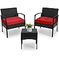 PROHIKER 3 PCS Patio Rattan Conversation Chairs Set, Outdoor Patio Furniture Balcony Furniture Set, Wicker Patio Bistro Set for Garden Porch Balcony Yard, Red