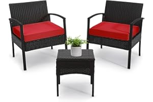 PROHIKER 3 PCS Patio Rattan Conversation Chairs Set, Outdoor Patio Furniture Balcony Furniture Set, Wicker Patio Bistro Set for Garden Porch Balcony Yard, Red