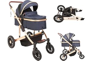 Trenana 2 in1 Baby Stroller,High Landscape Infant Stroller,Reversible Bassinet Stroller,Adjustable Backrest & Canopy,Foldable Aluminum Alloy Anti-Shock Stroller for Newborn (Gold-Blue)