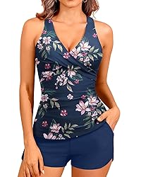 Women Blue Floral Tankini Swimsuits with Shorts