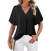 Timeson Women's V Neck Chiffon Blouse Ruffle Sleeve Ladies Work Shirts