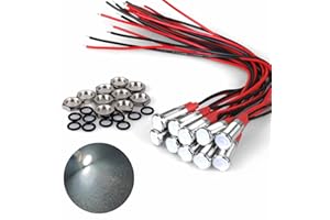 DMWD 10Pcs 6mm (1/4") 12V-24V AC/DC 20mA Meatl LED Indicator Light Wide Flat Head Waterproof Signal Lamp Pilot Dash Directional with Wire （White LED 10Pcs)