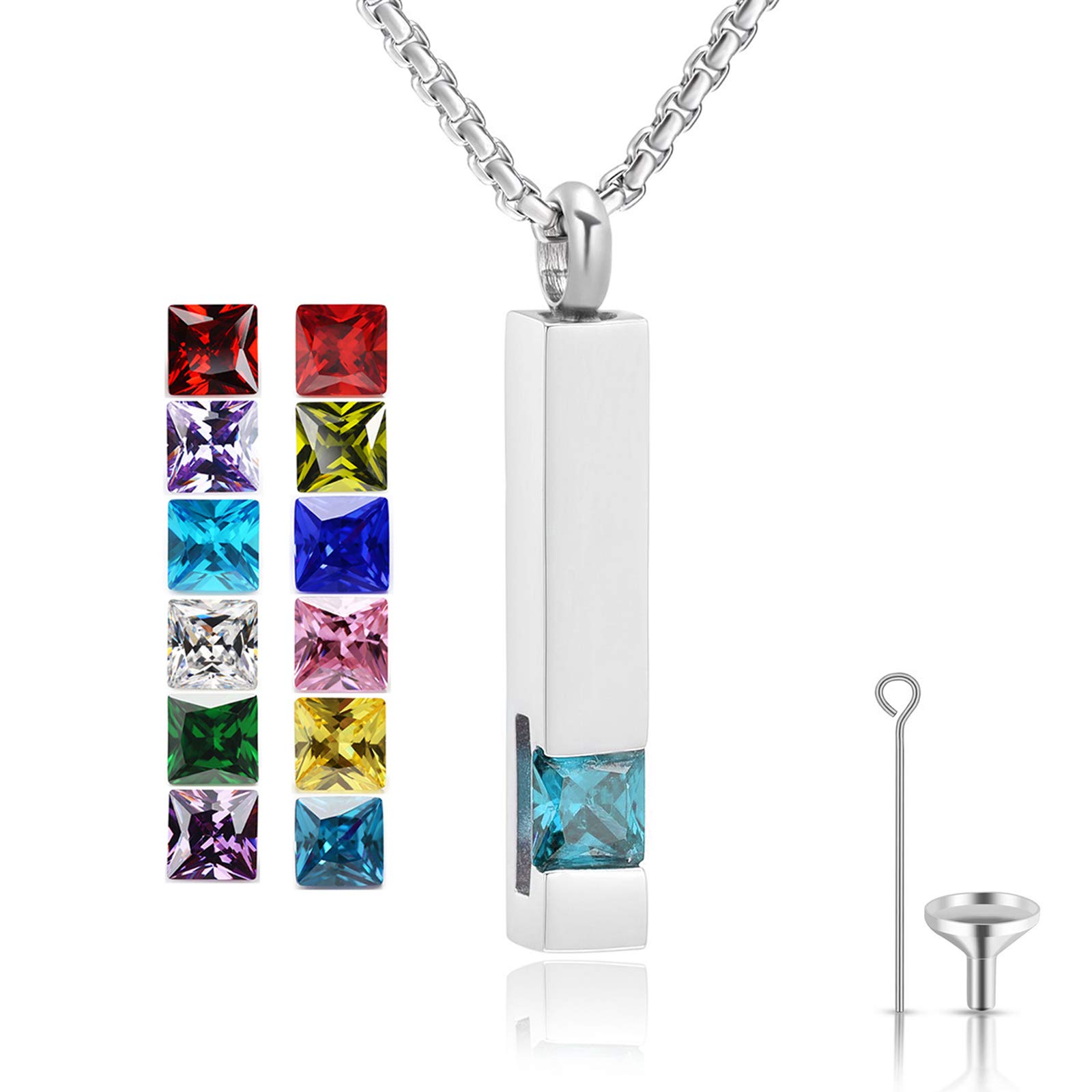 Urn Necklace for Ashes Birthstone Cuboid Cremation Jewelry Keepsake Holder Memorial Locket Necklace Pendant