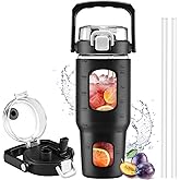 BLUEGO 32oz Glass Tumbler with Lid and Handle, Iced Coffee Cup with Straws, Glass Water Bottle with Silicone Sleeve and Volume, Marker Glass Cup with Time Marking, BPA Free, Black