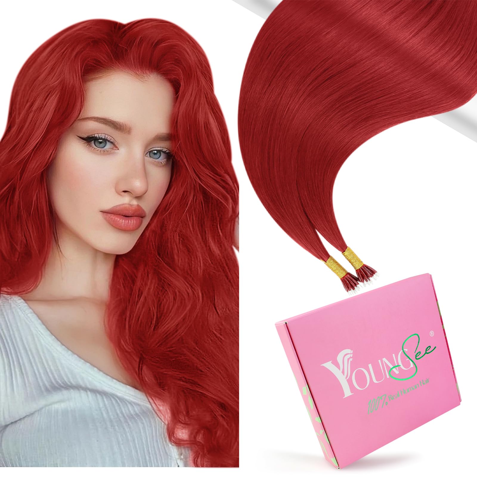 YoungSee Nano Beads Hair Extensions Red 20inch Nano Ring Hair Extensions Human Hair Colorful Nano Loop Ring Extensions Red for Wedding Cold Fusion Smooth Invisible Attachment 25g 25s — image 1