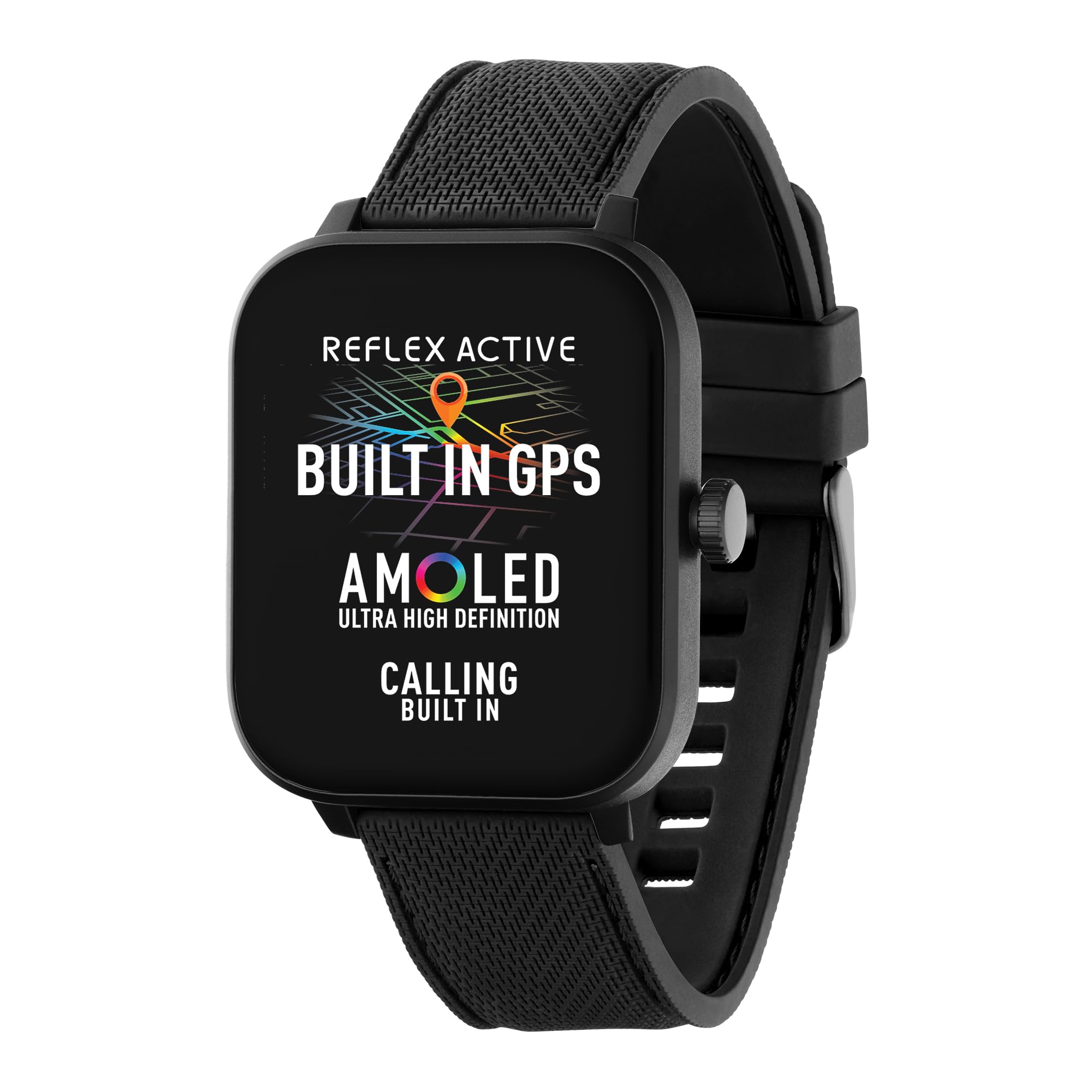 Reflex Active Series 44 Amoled Smart Watch for Men Women with Built-in GPS, IP68 Waterproof, Sports Modes, Step Counter, Sleep Monitor, Dual-time Display and Black Silicone Strap for IOS Android