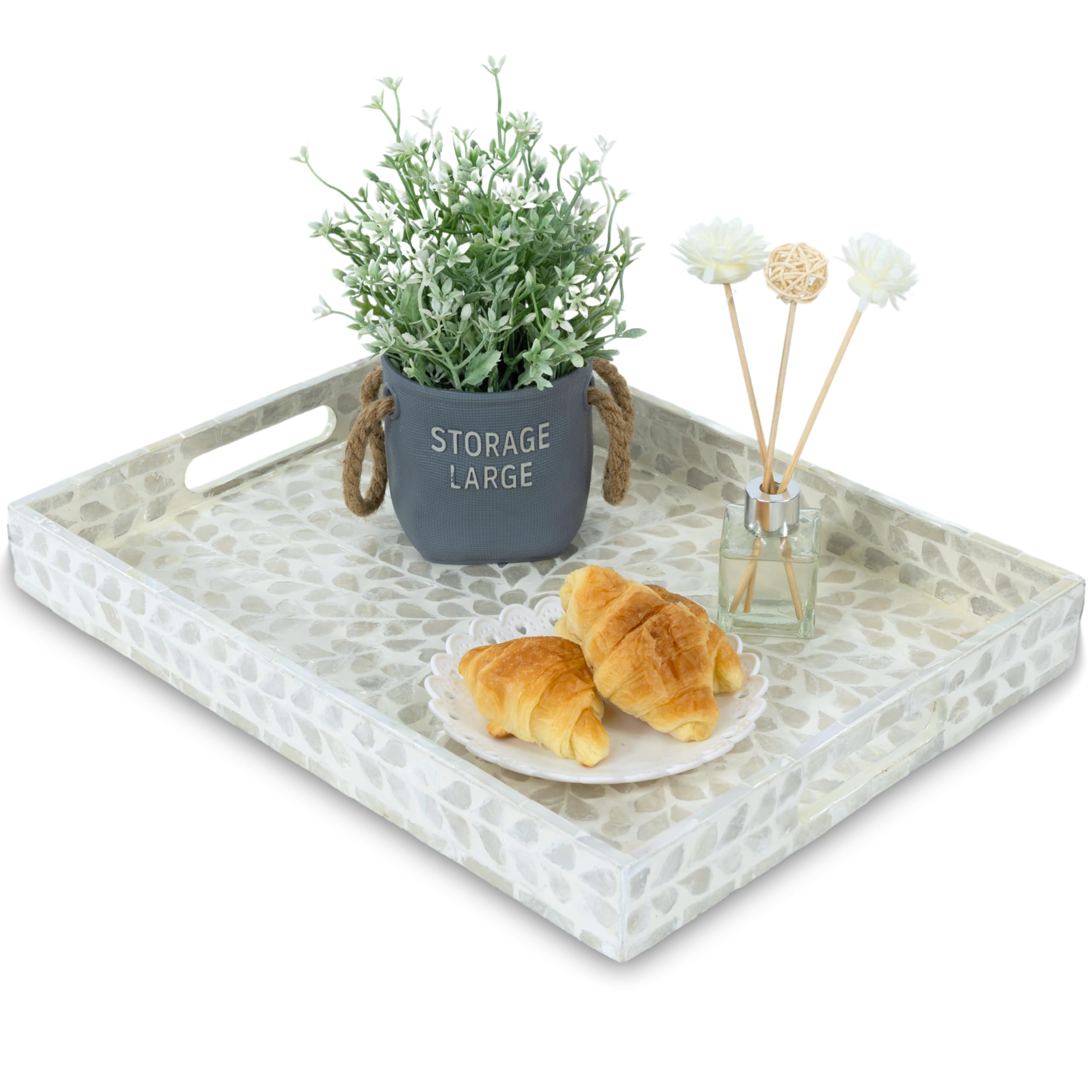 Photo 1 of CLAYNIX Serving Tray 15.7" X11.8", Lacquer Mother of Pearl Inlay Mosaic Tray, Rectangle Wooden Marble Tray with Handles Trays for Tea, Breakfast in Bed, Table (White)